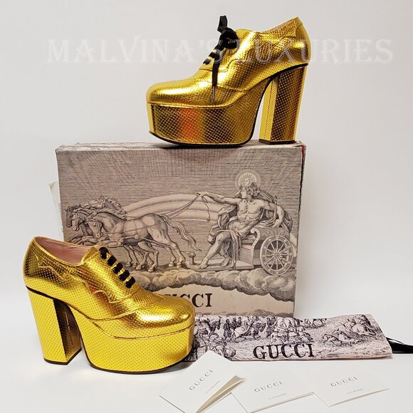 GUCCI SHOES OTIS GOLD LEATHER PLATFORM LACE UP PUMPS sz 39.5 9.5 US - Picture 2 of 15